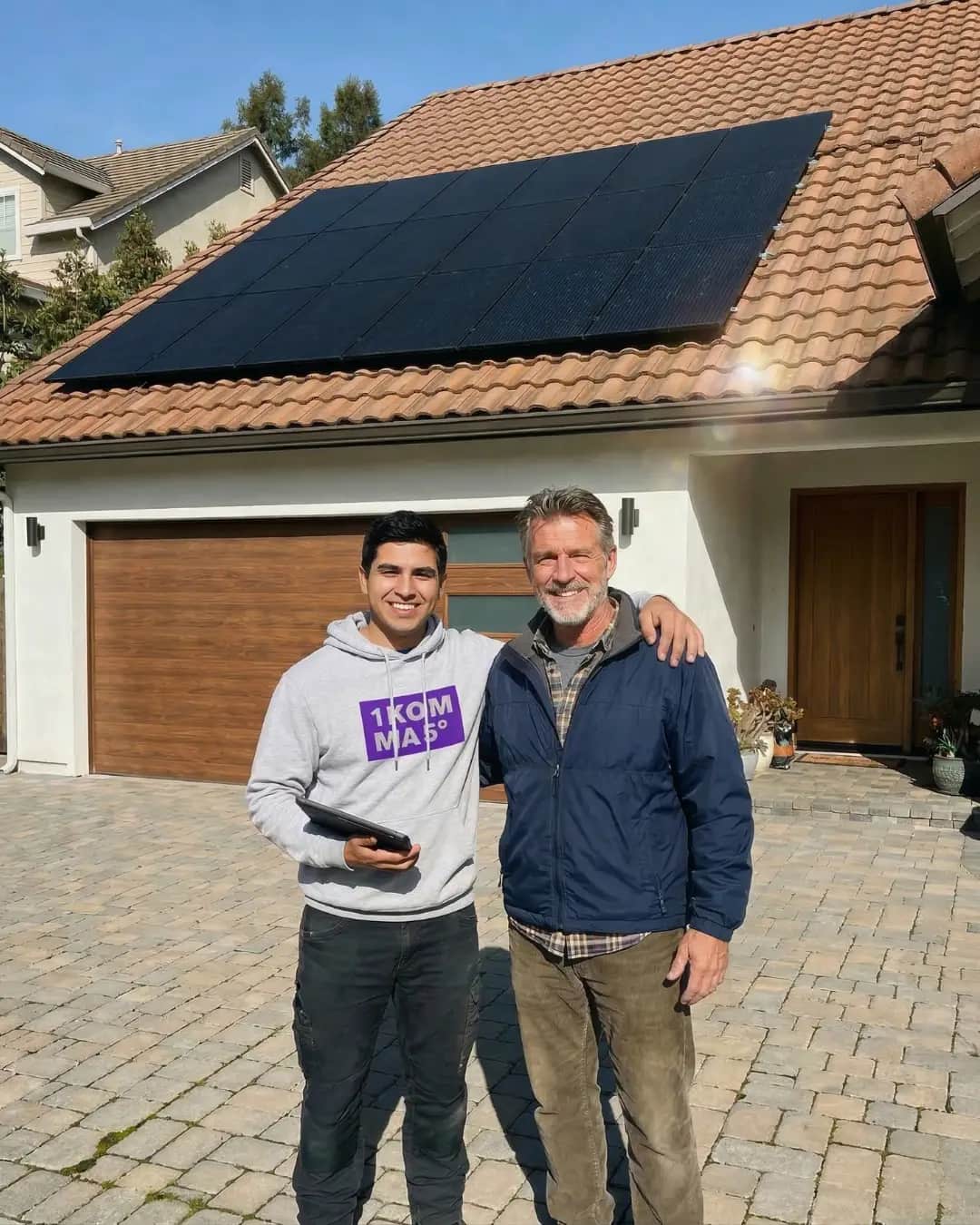 David, cliente satisfecho de 1KOMMA5° en Barcelona, sonriendo frente a su instalación de placas solares