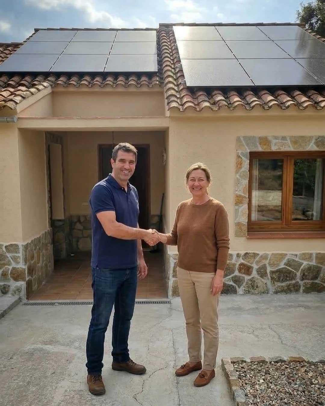 David, cliente satisfecho de 1KOMMA5° en Barcelona, sonriendo frente a su instalación de placas solares