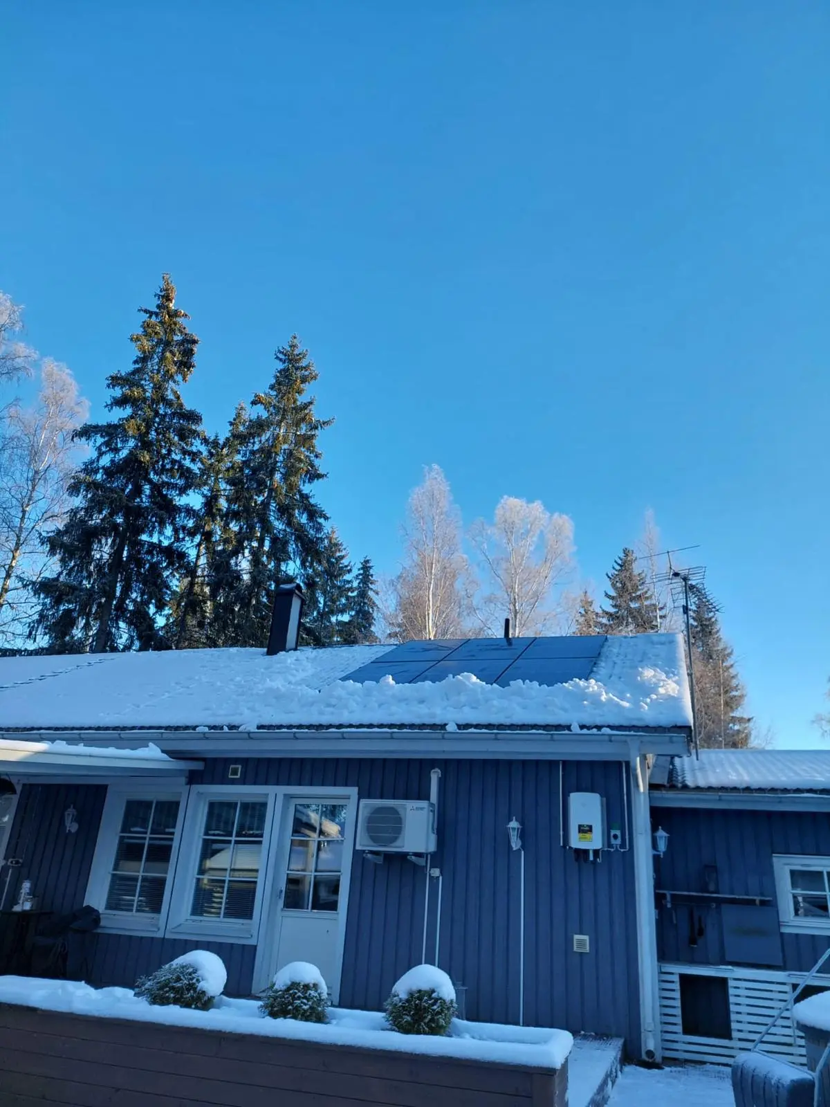 Sininen talo, jonka katto on lumen peitossa ja varustettu aurinkopaneeleilla, korkeiden havupuiden ympäröimänä kirkkaan sinisen taivaan alla.