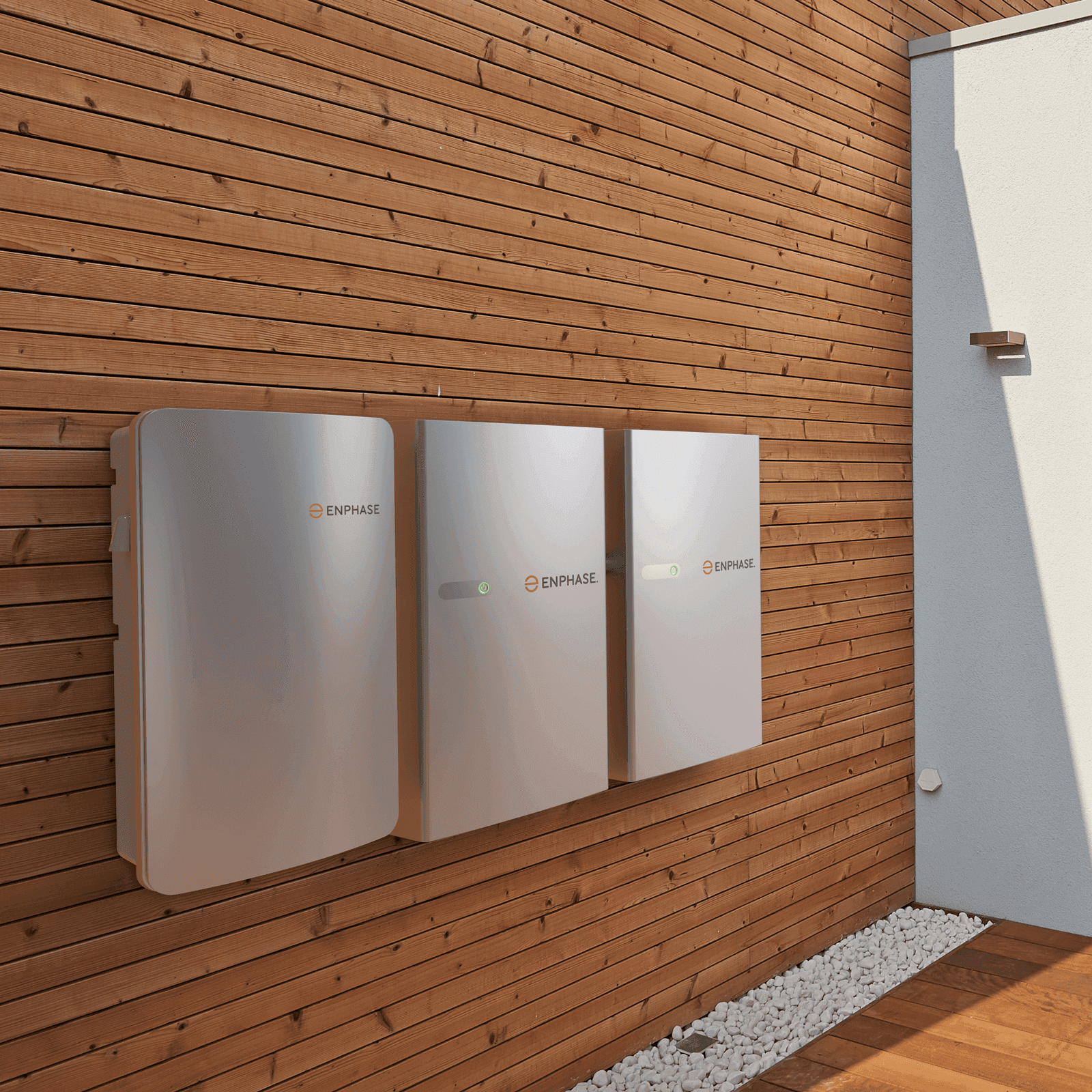 Enphase IQ Battery system mounted on a wall of a solar powered home