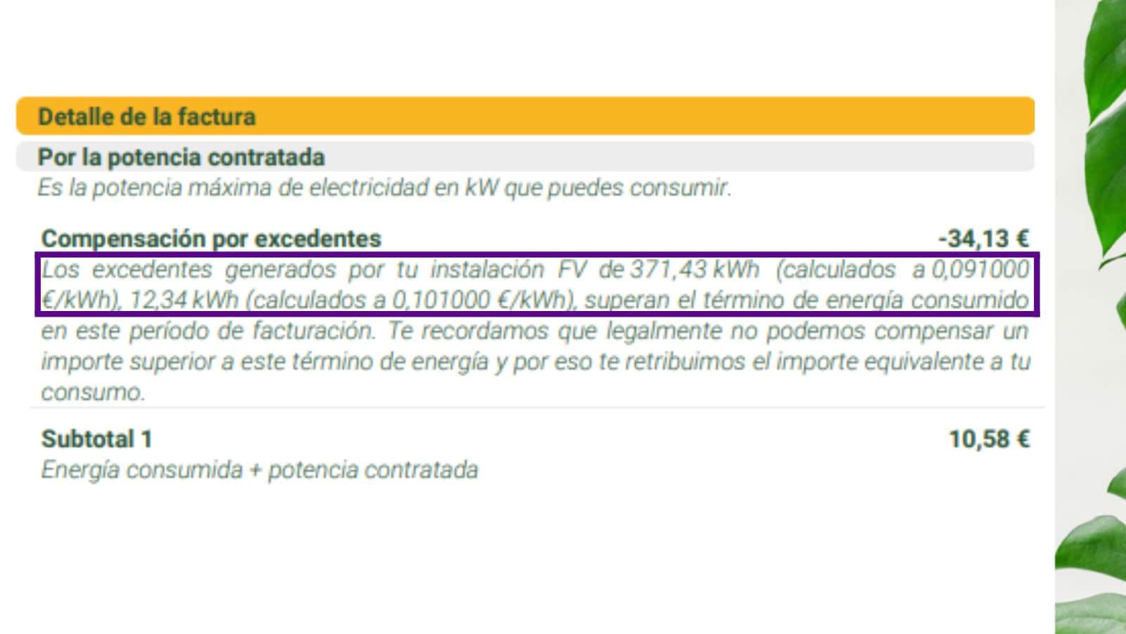 factura compensación por excedentes de placas solares