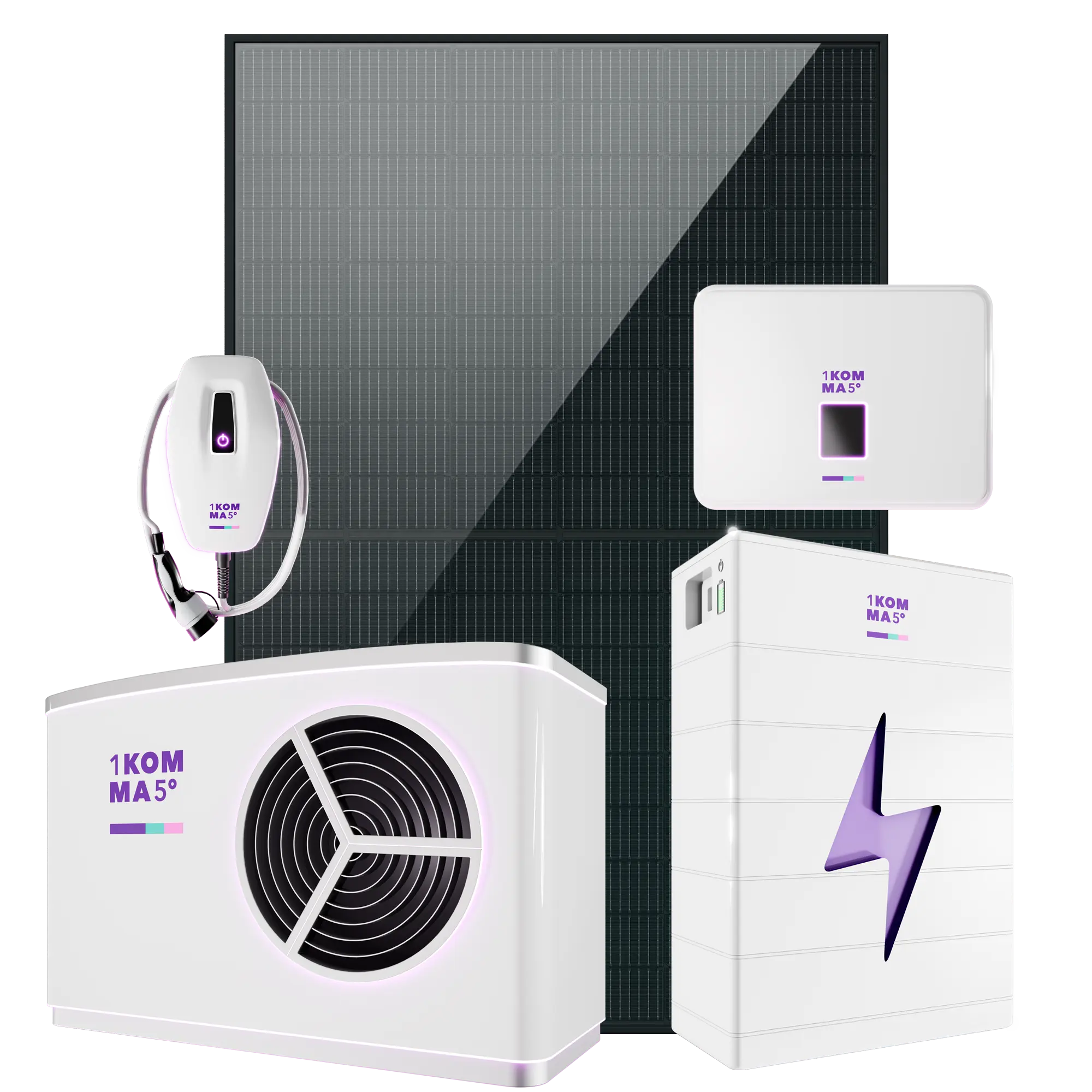 Aurinkopaneeli, invertteri, akkuvarastoyksikkö ja seinälle asennettu laturi, kaikissa "1KOMMA5°"-brändäys ja siisti, moderni muotoilu.