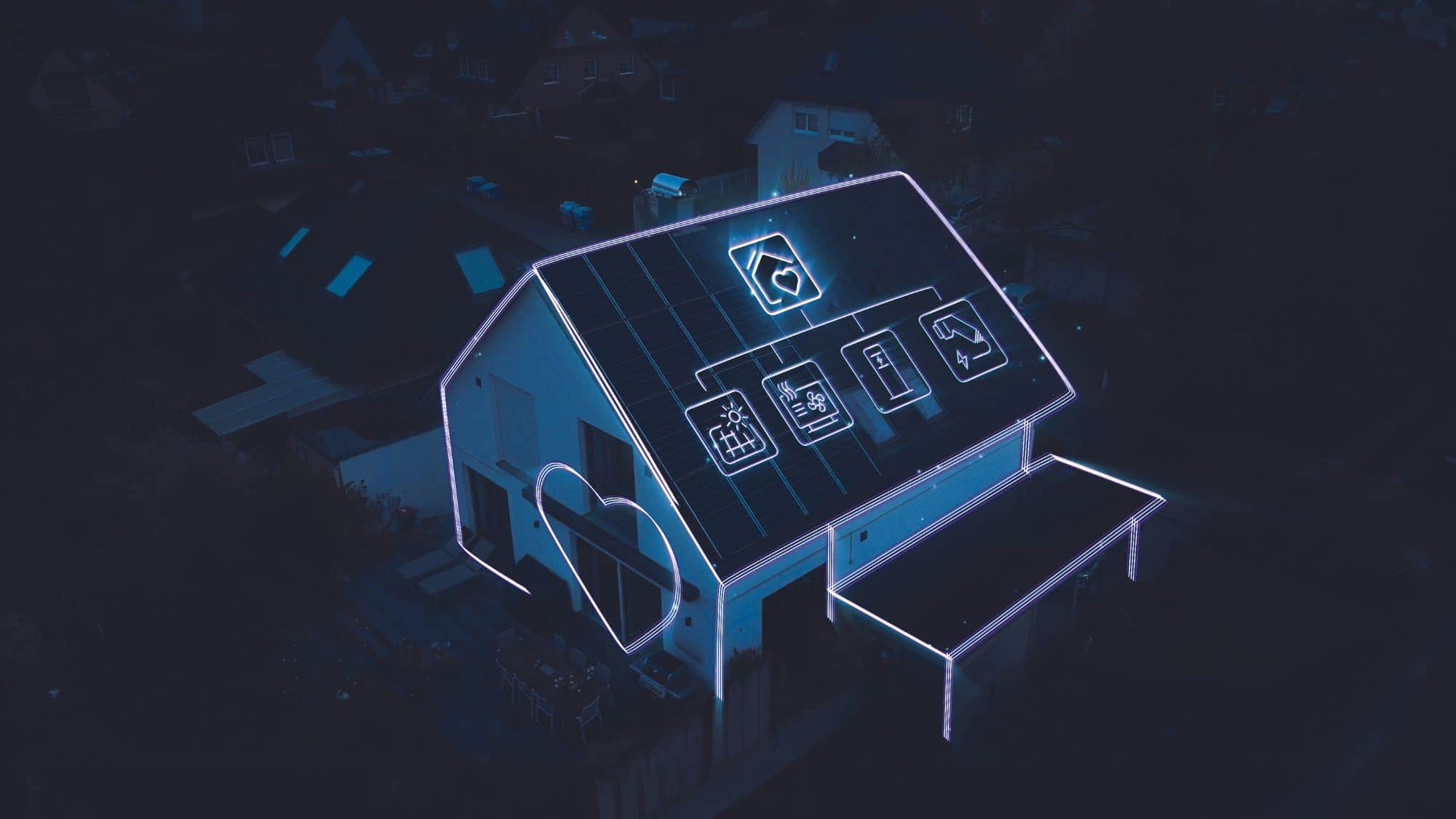 Haus bei Nacht mit Energie-Icons