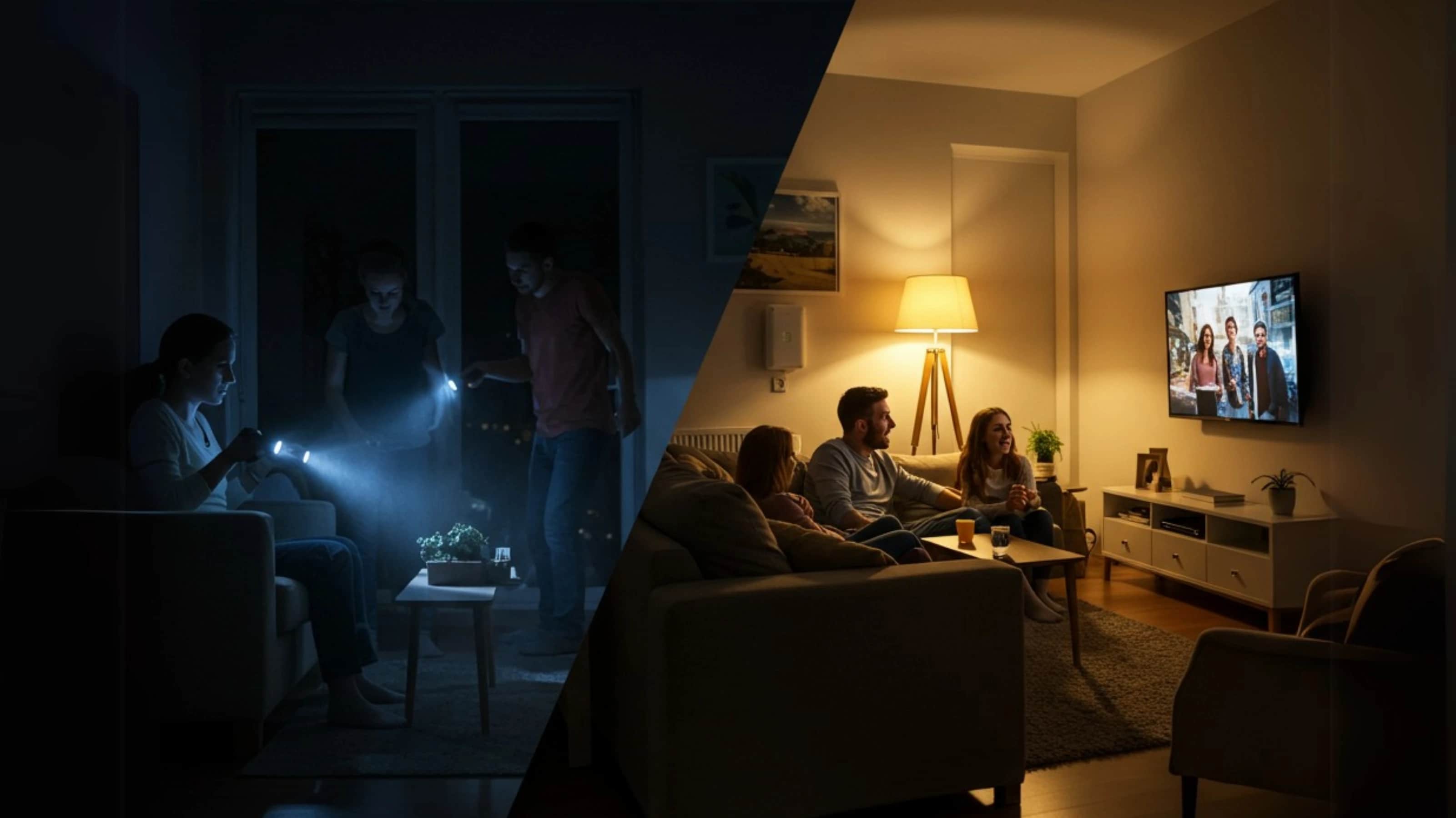 Dos escenas del apagón en España: una familia sufriendo la oscuridad, otra disfrutando de luz ininterrumpida gracias a la solución anti-apagones de 1KOMMA5°