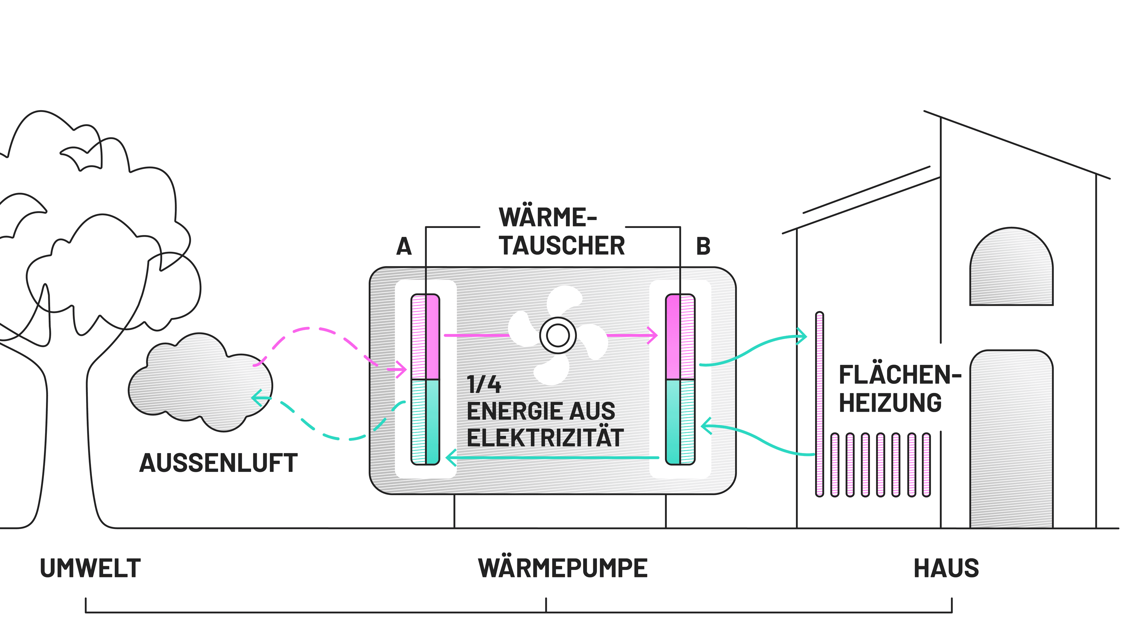 Grafik zeigt den Kreislauf der Wärmepumpe und wie ein Kältemittel verdampft, verdichtet und wieder verflüssigt wird.