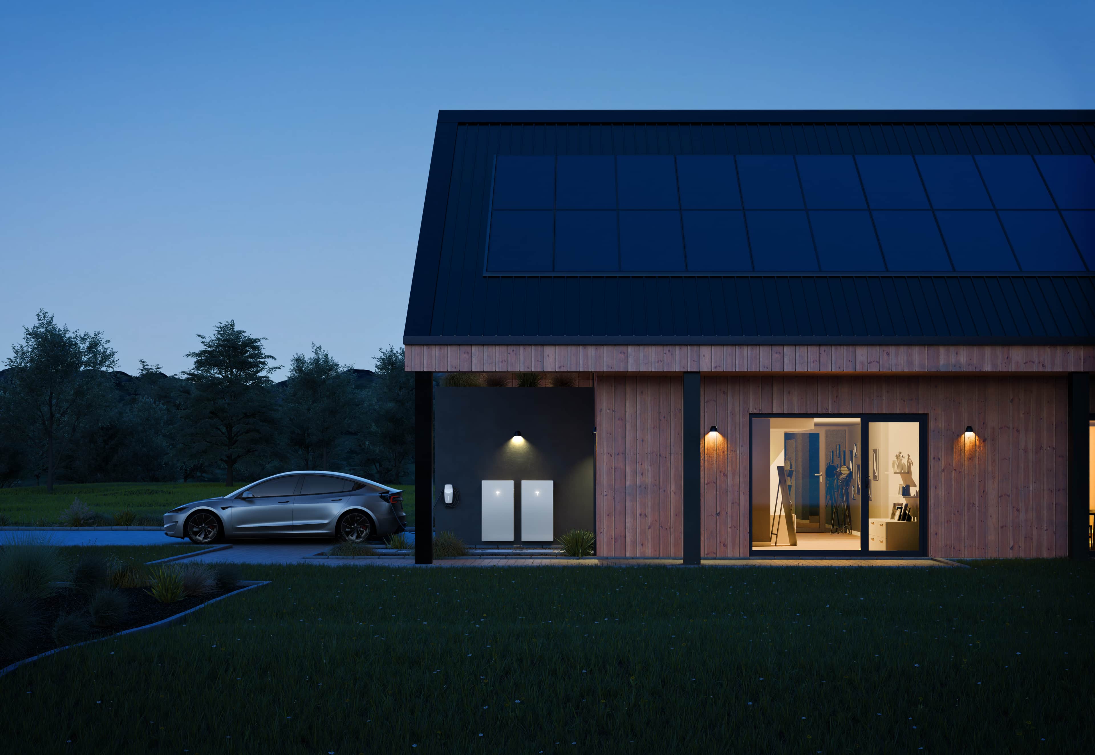 modern home at dusk with solar panels, and a sleek electric vehicle parked outside, charging from a Tesla Powerwall 3 battery