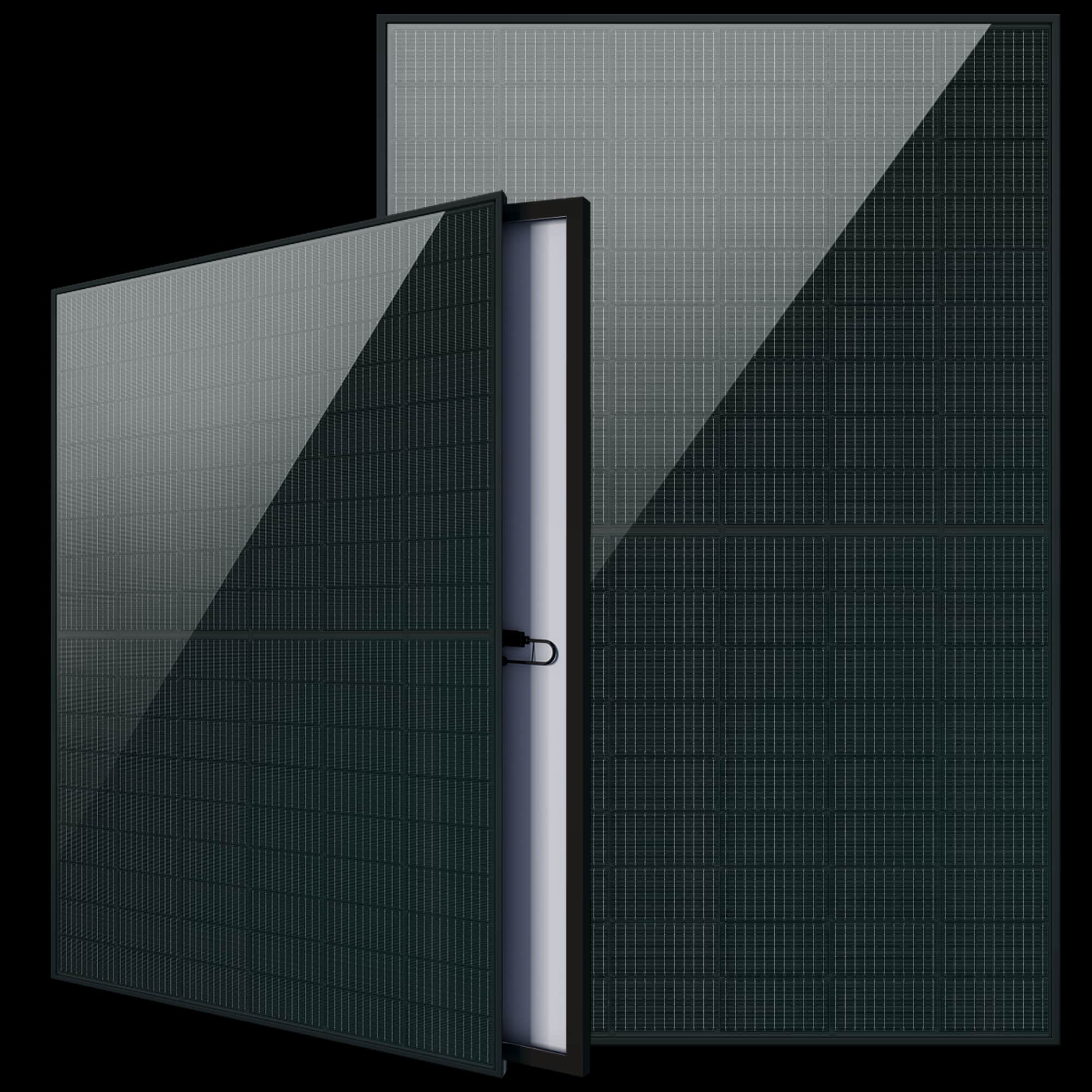 Kaksi mustaa aurinkopaneelia, joista toinen seisoo pystyssä ja toinen on hieman kallistettuna, esittelevät tyylikkäitä, heijastavia pintojaan.