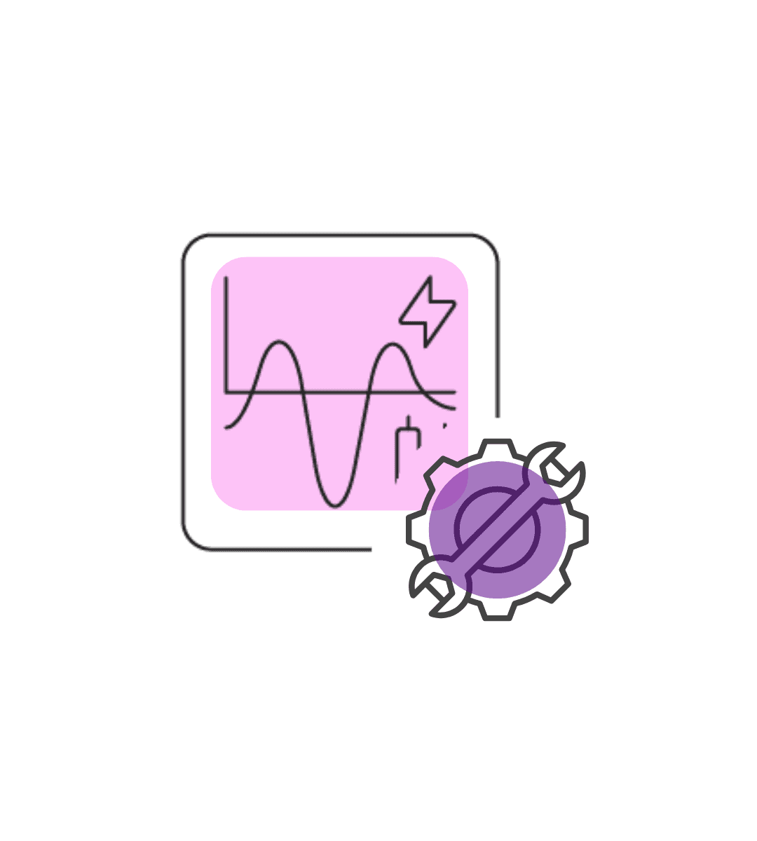 a waveform graph and a purple gear icon