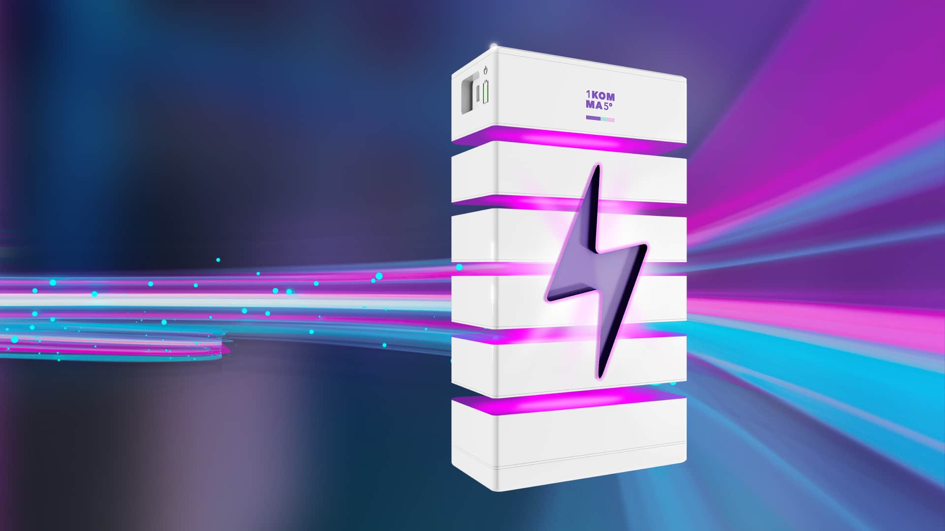Futuristinen valkoinen energian varastointilaite, jossa on violetit LED-koristevalot ja salamasymboli, dynaamista siniviolettia taustaa vasten.