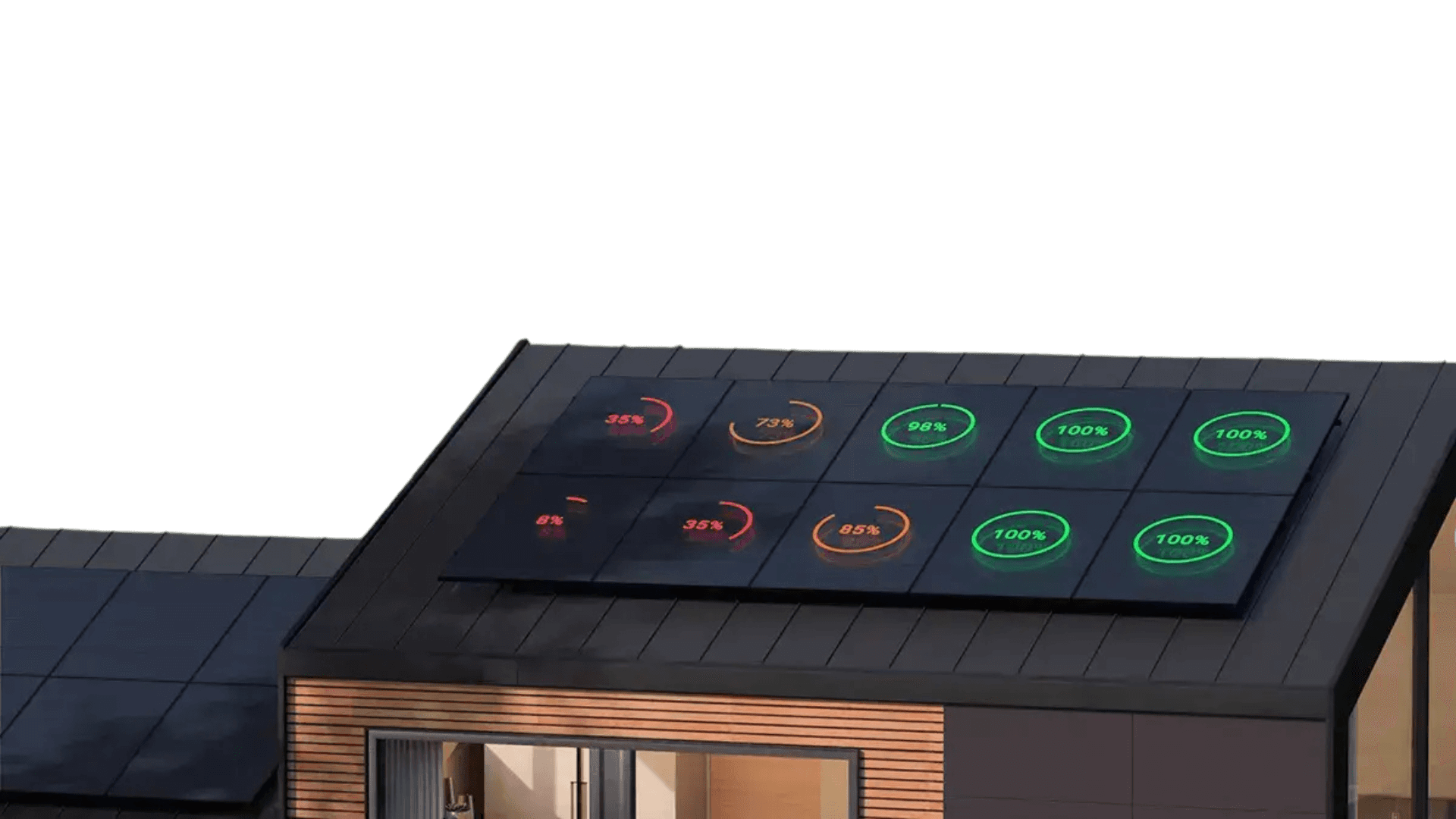 modern house with solar panels displaying energy efficiency percentages