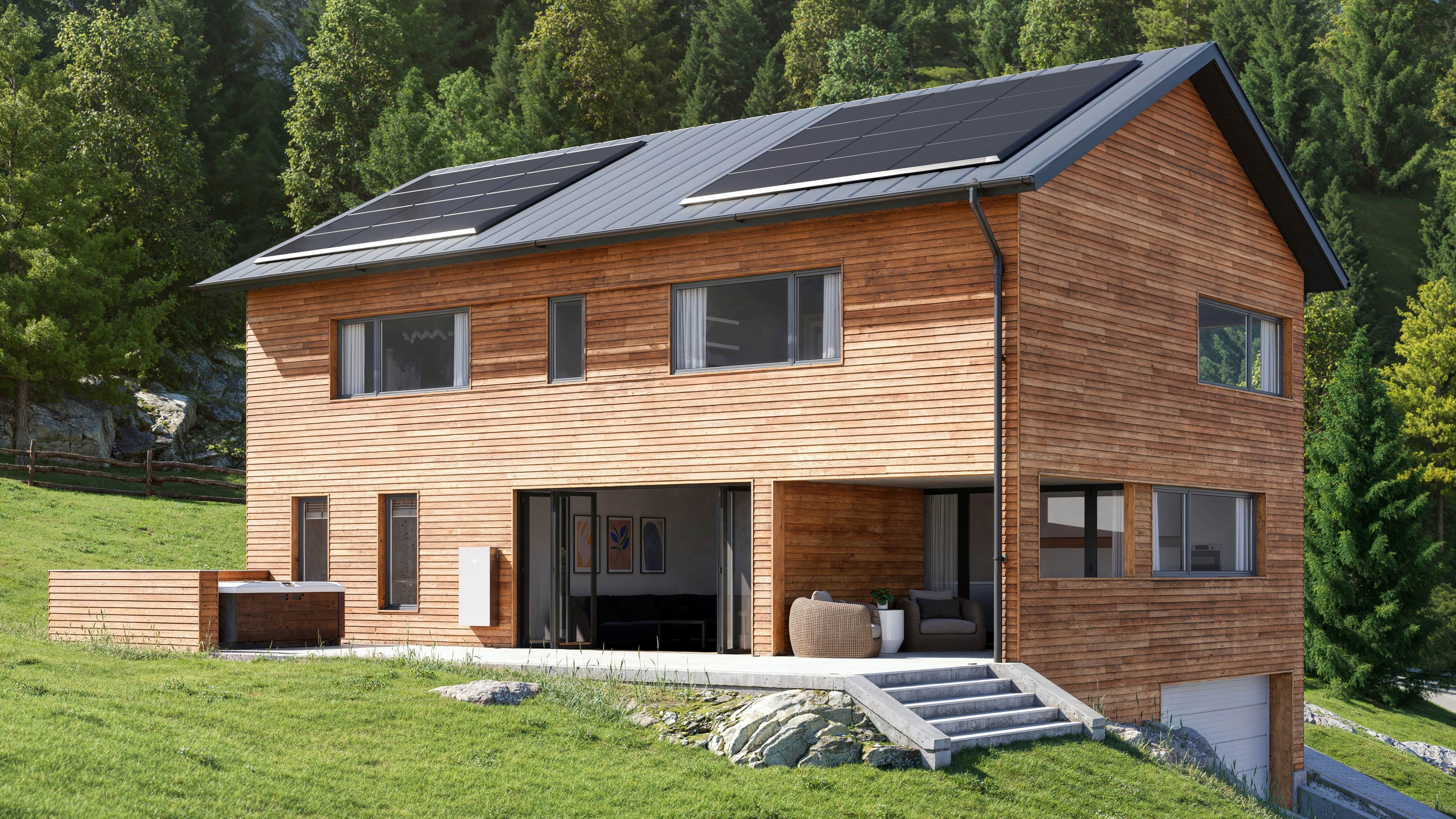 a modern wooden house with standard solar panel installed on its roof