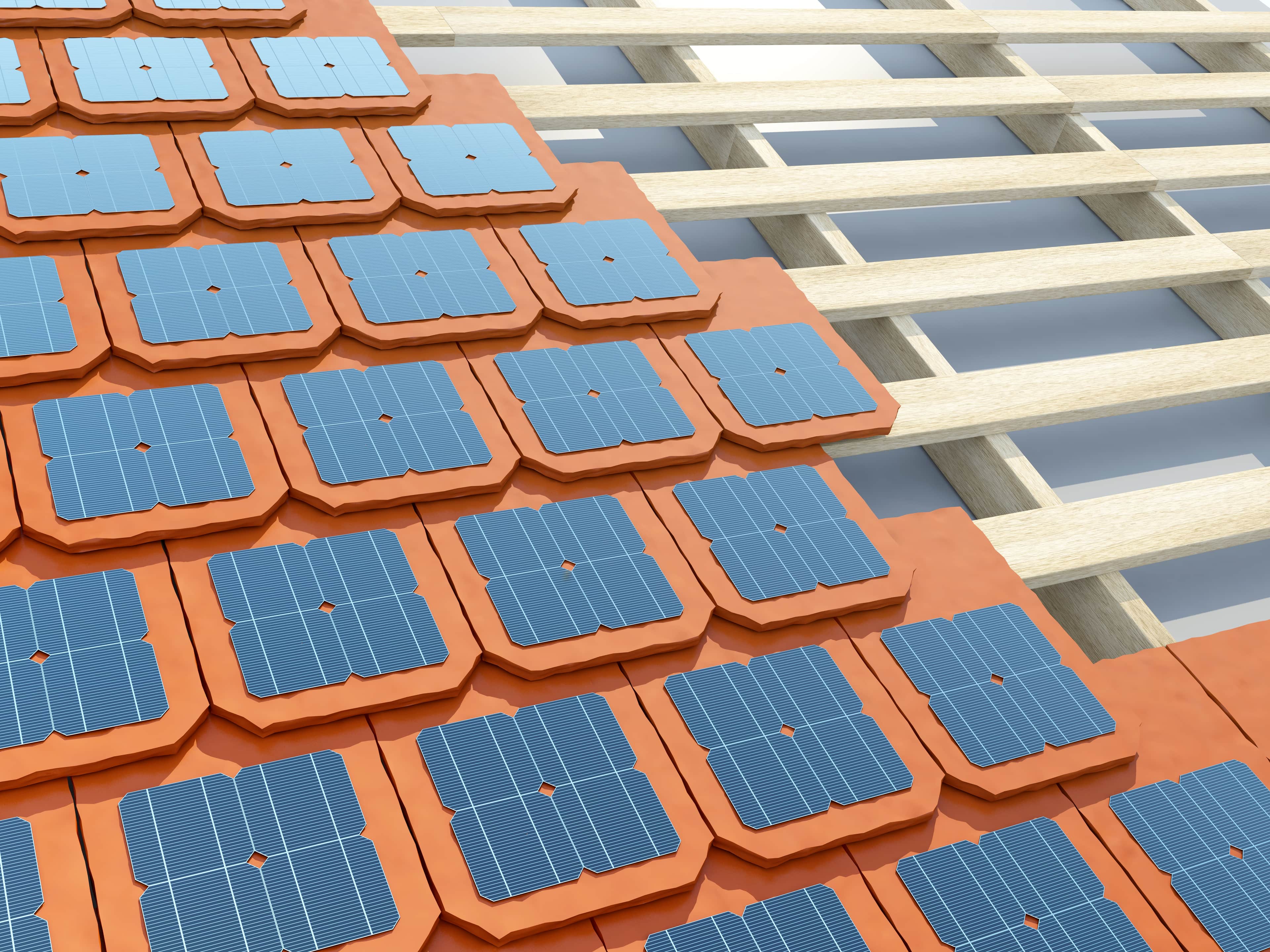 blue solar panels on a terracotta tile roof, partially revealing wooden beams underneath