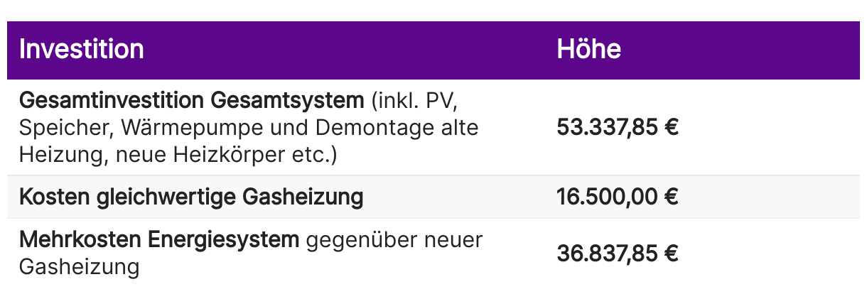 Tabelle zeigt die Investitionskosten für Carstens Energiesystem