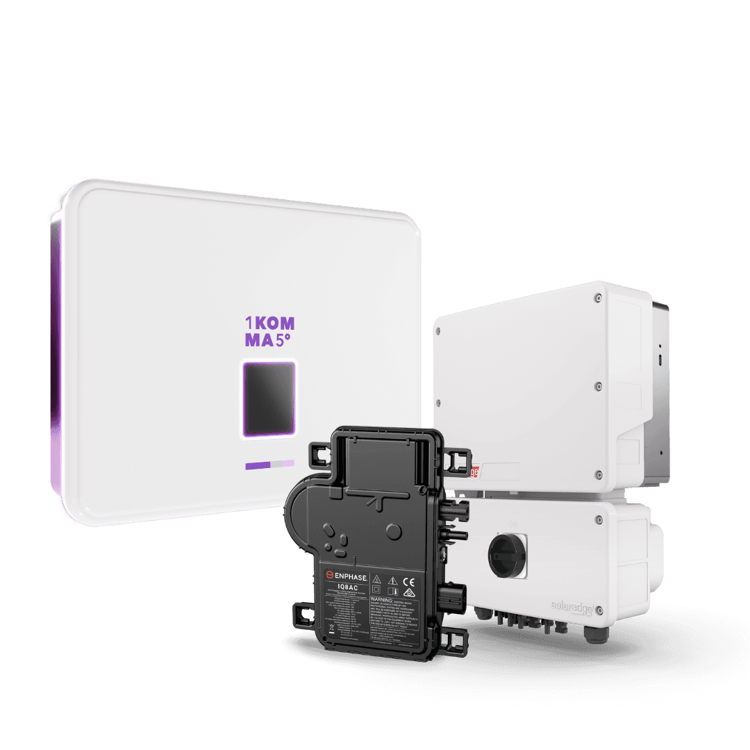 a group of solar inverters featuring 1KOMMA5° inverter, SolarEdge inverter, and Enphase Microinverter