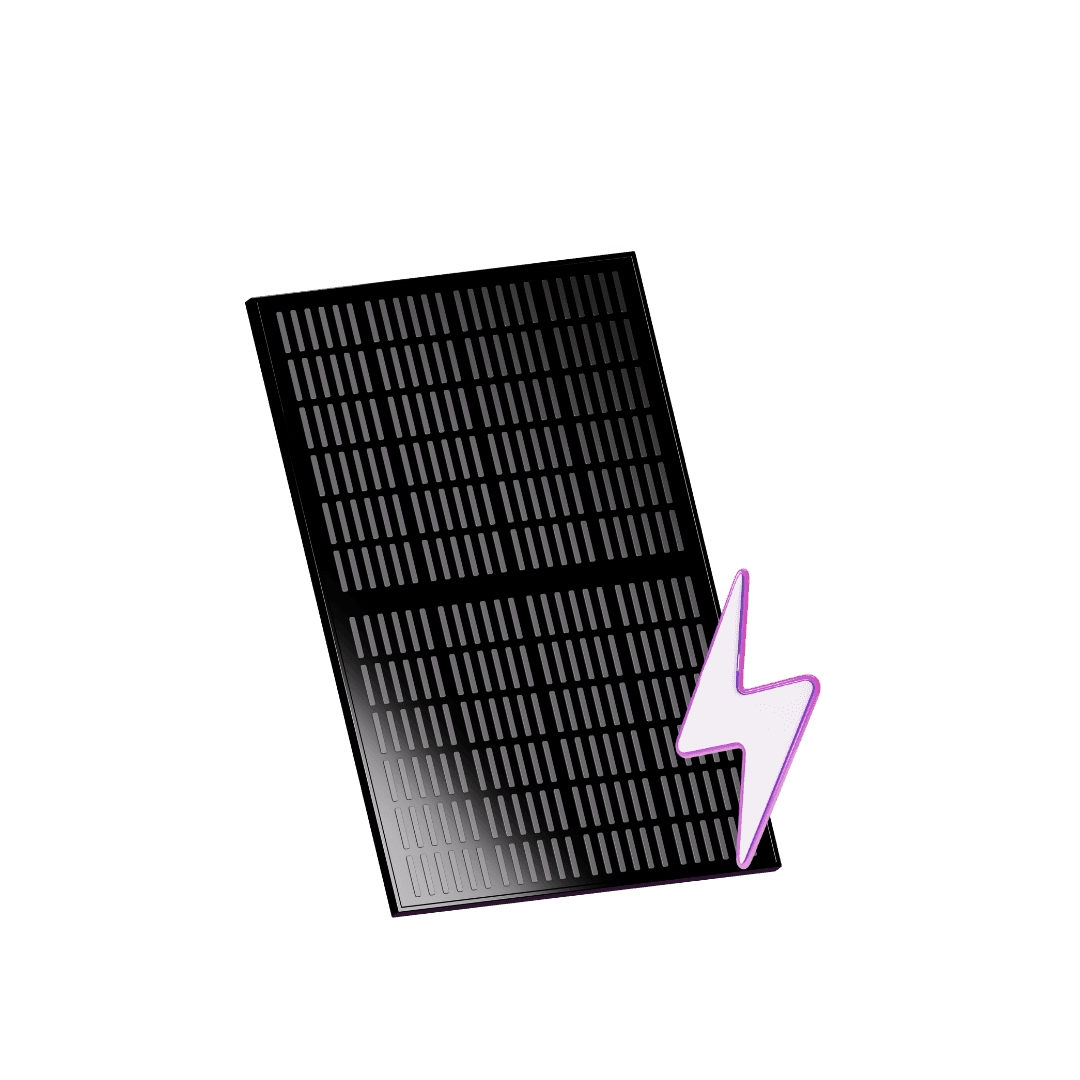 1KOMMA5° full-black solar panel with a purple stylized lightning bolt