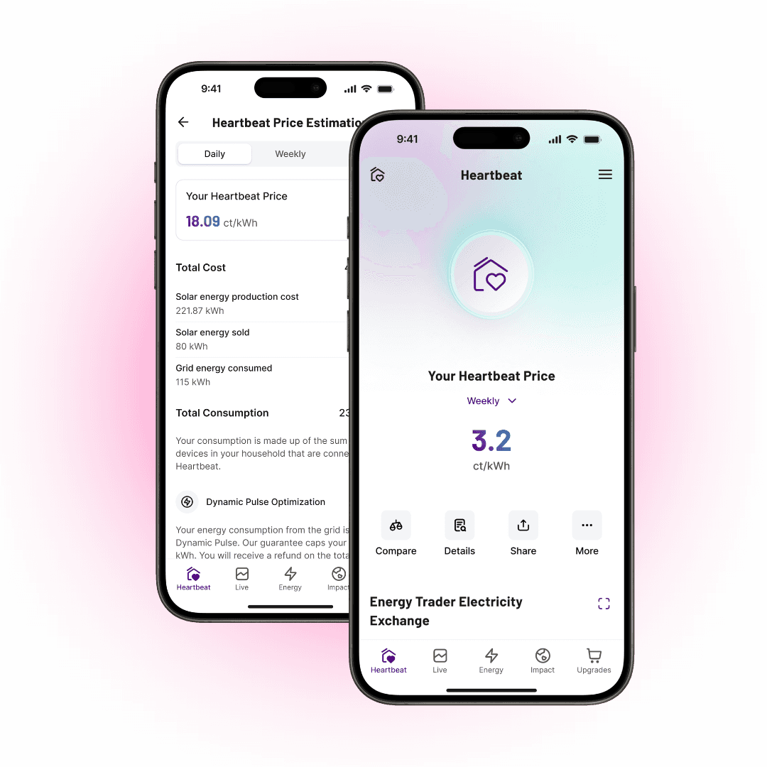 1KOMMA5° Heartbeat app showing energy consumption and pricing on smartphones