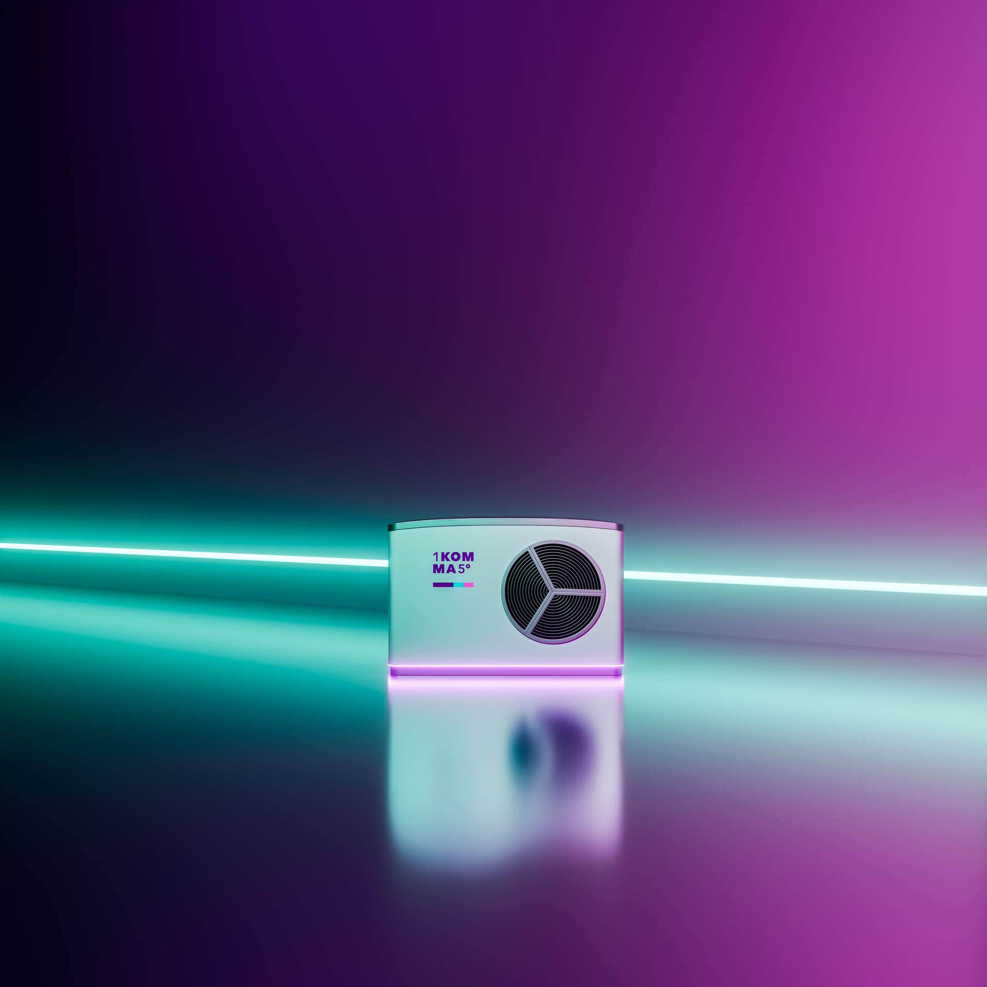 Tyylikäs ilmastointilaite, jossa on hohtava neonlogo, kirkkaan violetin ja turkoosin liukuväritaustaa vasten.