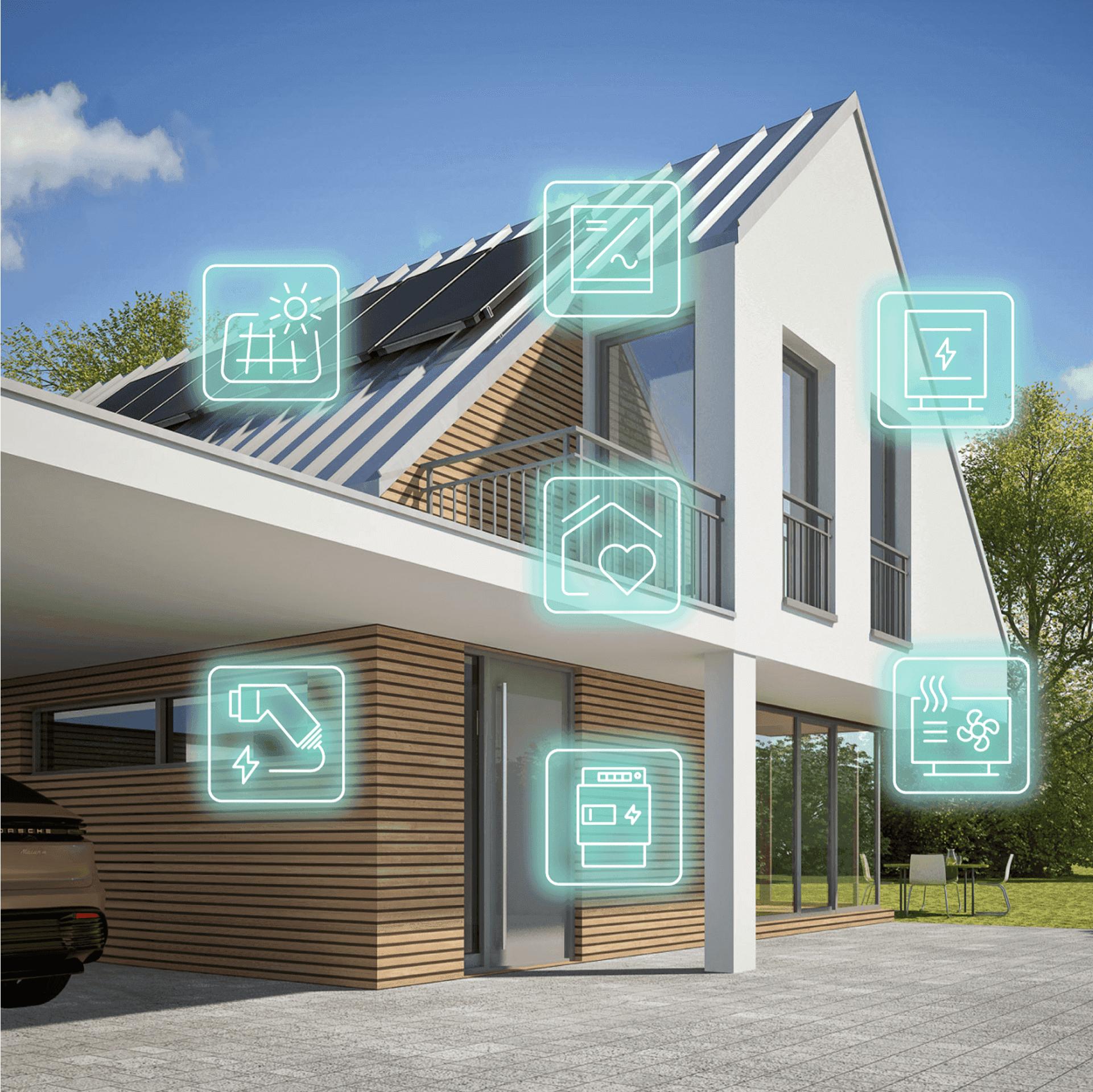 Haus mit Energiesystem Symbolen
