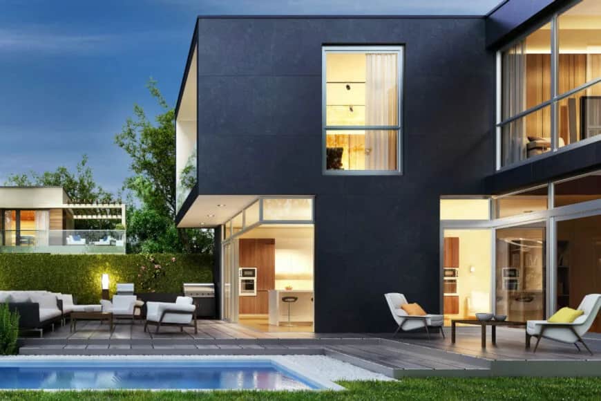 modern home exterior with large windows, sleek lines, and outdoor seating