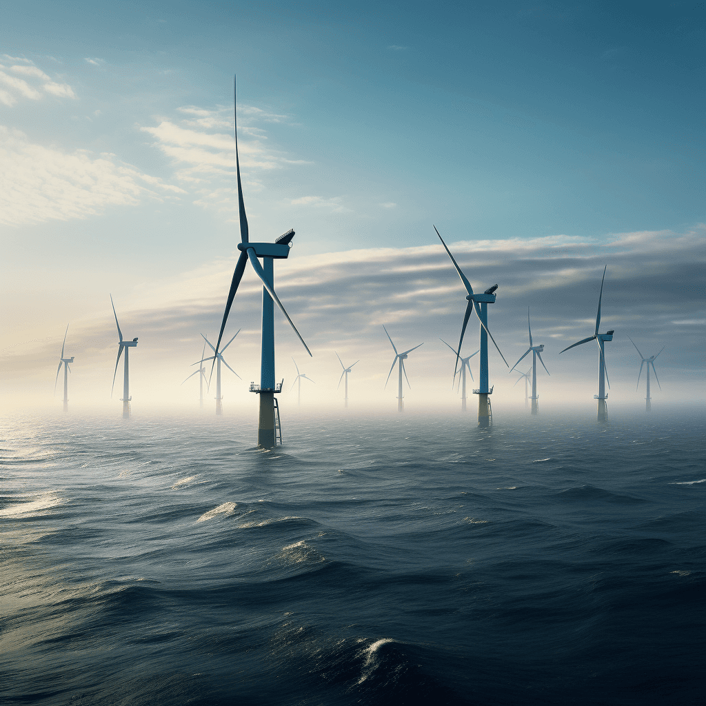 Merituuliturbiinit seisovat valtameressä osittain pilvisen taivaan alla, lempeiden aaltojen ja rauhallisen tunnelman vallitessa auringonnousun tai -laskun aikaan.