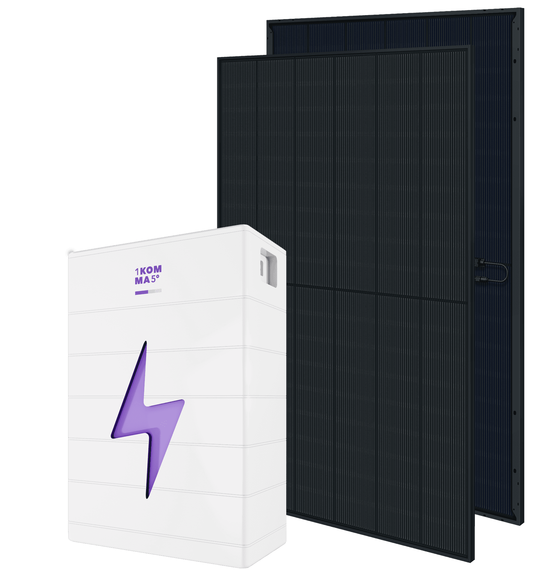 Sarja aurinkoenergia-laitteita, mukaan lukien aurinkopaneeli, invertteri, akku ja laturi, joissa kaikissa on merkintä "1KOMMA5°" ja violetti salamakuvio.