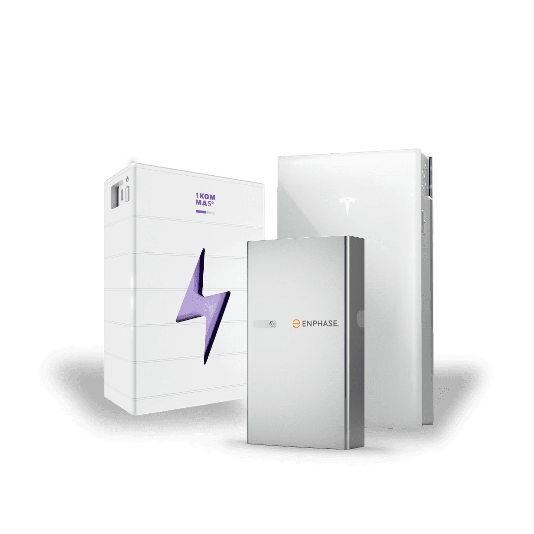 a bundle of solar battery featuring 1KOMMA5° battery, Tesla Powerwall 3, and Enphase Battery
