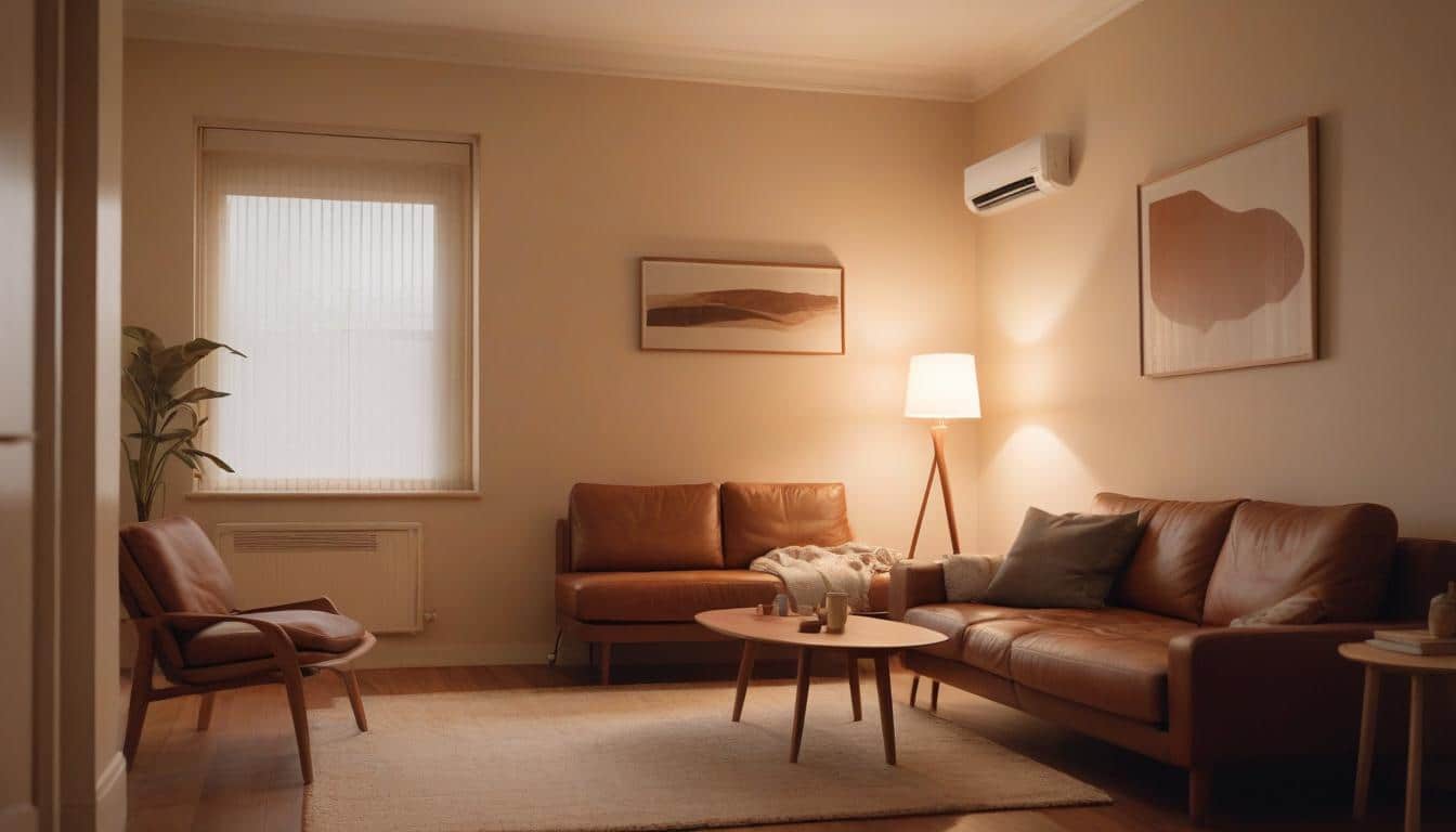 cozy living room with leather sofas, a wooden table, and warm lighting