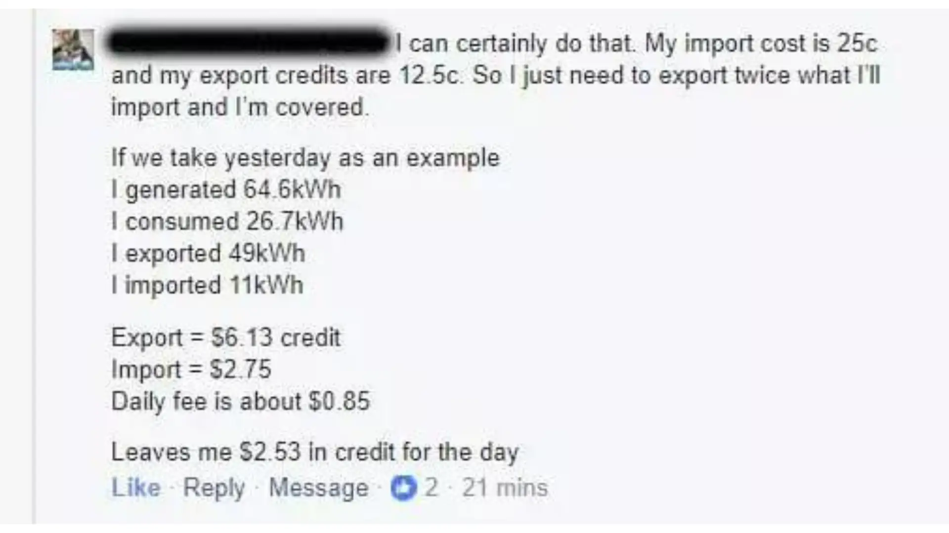 facebook comment on no power bill with solar power