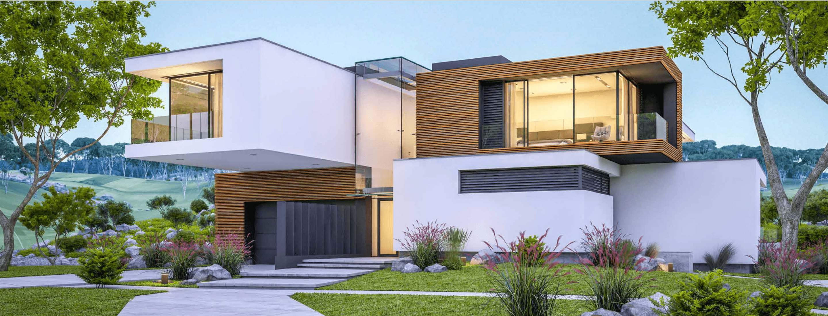 modern two-story house with a sleek design and glass windows