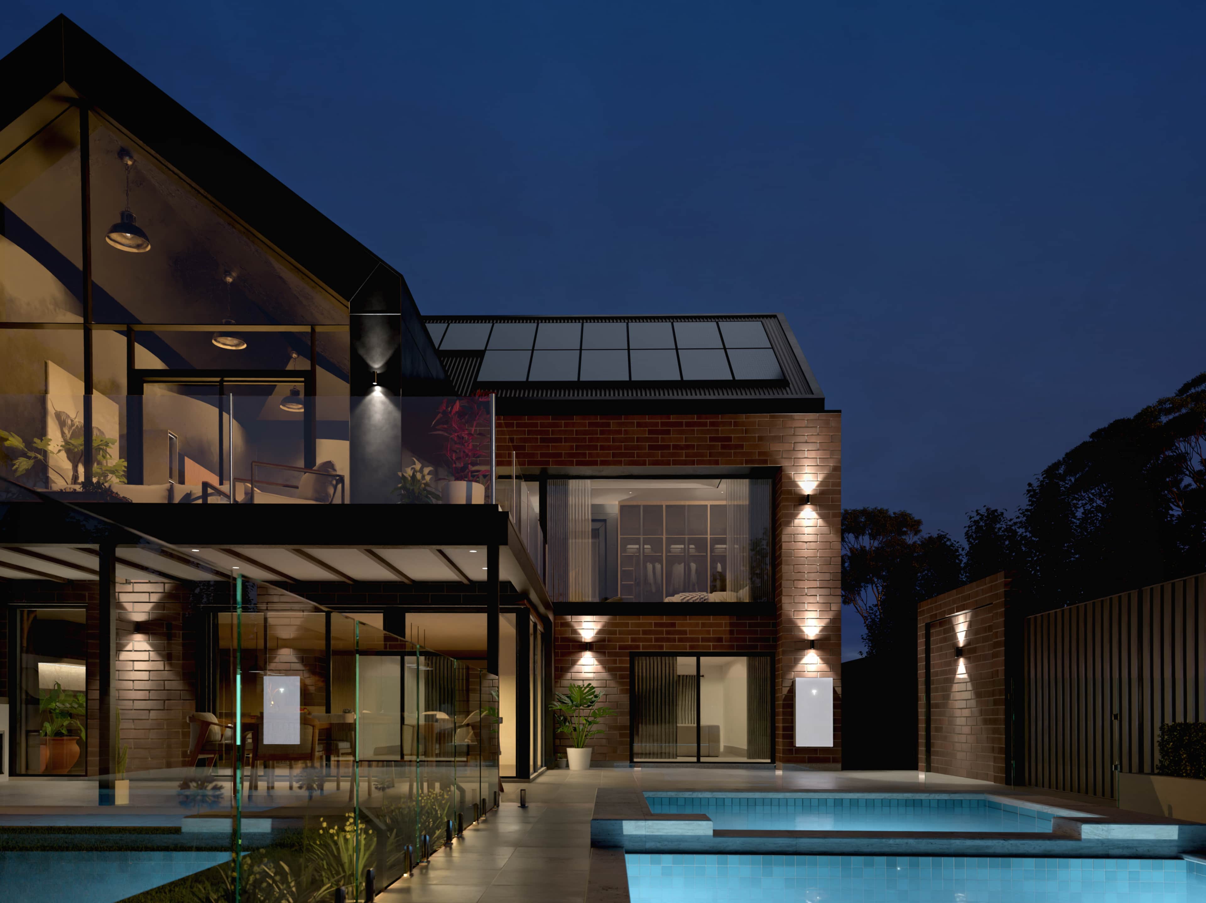 photo of a home with solar panels on a roof, Tesla Powerwall 3 and a pool
